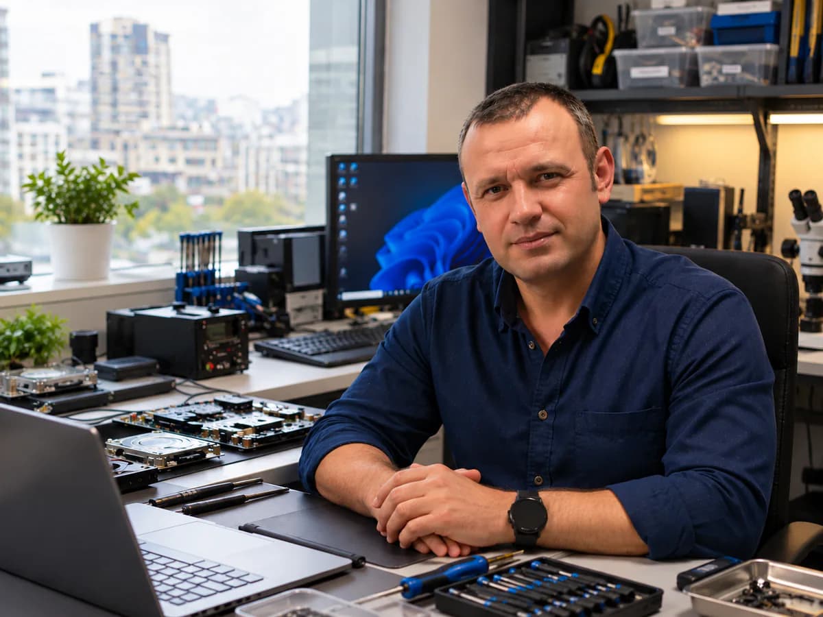 Компьютерный мастер Анатолий за рабочим столом