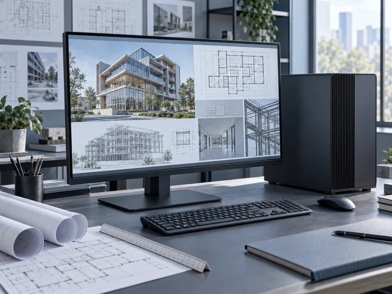 Рабочая станция с архитектурной BIM-моделью и чертежами