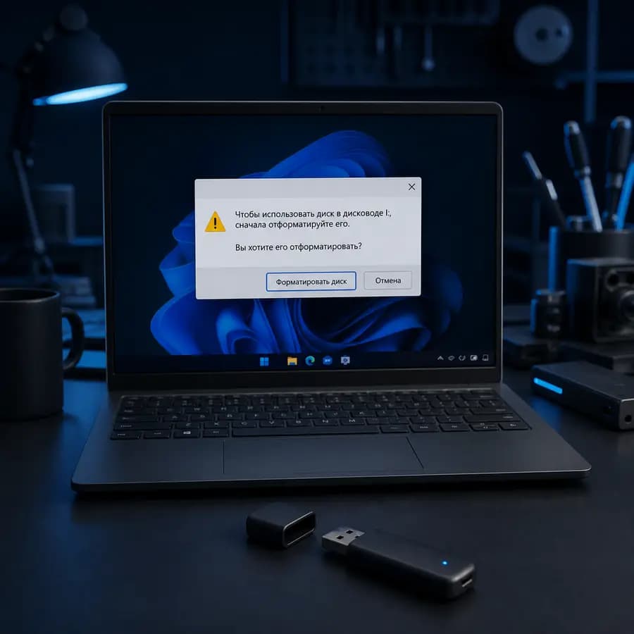 Флешка требует форматирования — USB-накопитель и предупреждение Windows на экране