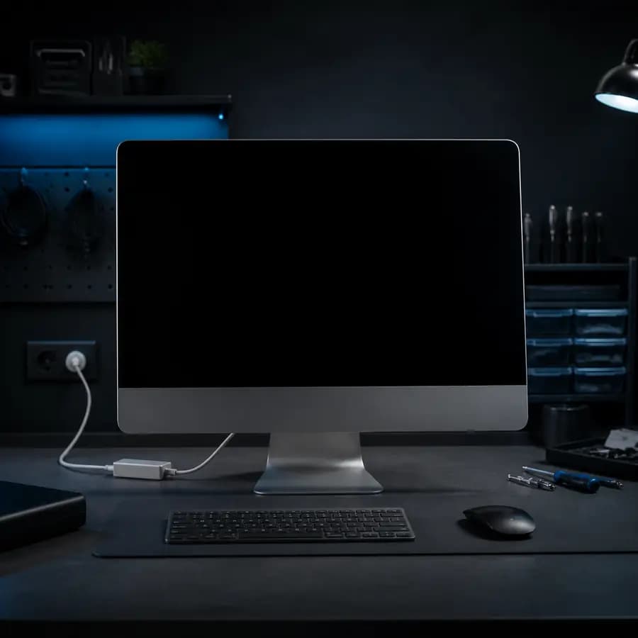 iMac не включается — моноблок с погасшим экраном на рабочем столе