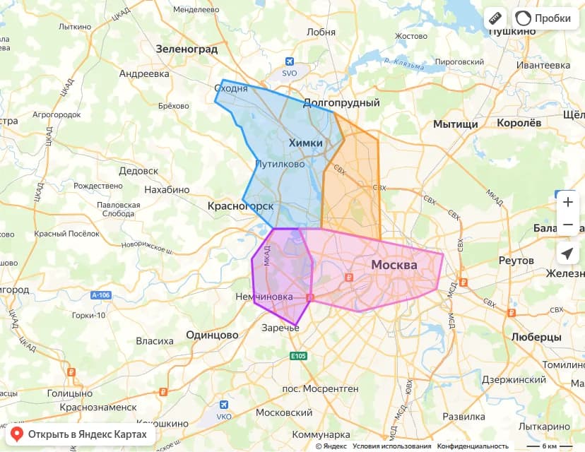 Карта зоны выезда по северо-западу Москвы