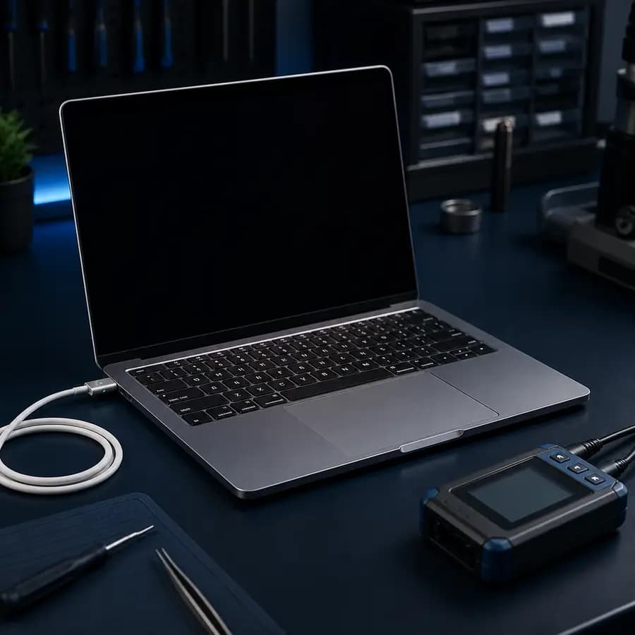 Проблемы MacBook — ноутбук и зарядное устройство на диагностике
