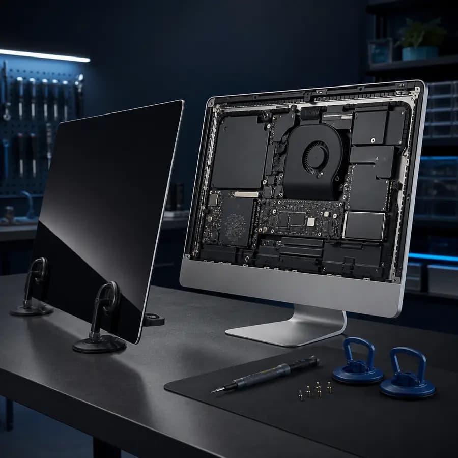 Ремонт iMac — моноблок со снятым дисплеем в мастерской